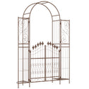 7' Metal Garden Arbor, Garden Arch with Gate, Fleur De Lis Motif, Latching Doors, Planter Shelves for Climbing Vines, Ceremony, Weddings, Party, Garden, Backyard, Lawn, Brown