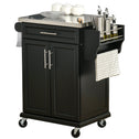 Kitchen Island on Wheels, Rolling Kitchen Cart with Stainless Steel Countertop, Drawer, Towel Rack and Spice Rack, Utility Storage Trolley, Black