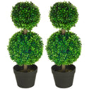 2 Pcs 23.6" Artificial Boxwood Ball Topiary Tree Set of 2 Fake Plants in Pot with Double Ball-Shaped Leaves Green