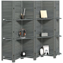 6 Panel 67" Tall Wood Privacy Screen Room Divider with 3 Shelves and Folding Storage for Bedroom, Gray