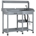 Potting Bench Table, Outdoor Garden Table Wooden Work Station with Removable Sink, Faucet, Drawer, Shelves, Hooks, Gray