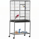 30" Rolling Metal Bird Cage Feeder with Detachable Rolling Stand, Storage Shelf, Wood Perch & Food Container