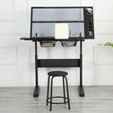 Hand-Crank Adjustable Drafting Table with 2 Drawers, Pull-Out MDF Side Shelf, Tempered Glass Top Desk for Kids, 38" L x 23.5" W x 29.5" H, Black