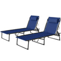 2 Folding Chaise Lounge Pool Chairs with 4-Position Reclining Back, Pillow, Breathable Mesh & Bungee Seat, Blue
