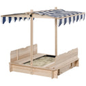Covered Sandbox, Wooden,with Cover Adjustable Canopy, Detachable Seats and Backrests, Kids Sandbox with Convertible Bench Seat, Bottom Liner, Natural Blue
