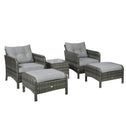 5 Pieces Rattan Wicker Lounge Chair Outdoor Patio Conversation Set with 2 Cushioned Chairs, 2 Ottomans and Tempered Glass Top Coffee Table, Gray/Light Gray