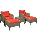 5 Pieces Rattan Wicker Lounge Chair Outdoor Patio Conversation Set w/ Cushioned Chairs, Ottomans and Tempered Glass Top