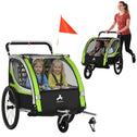 3-in-1 Bike Trailer for Kids, Running Stroller with 2 Seats, Jogging Cart with 5-Point Harness, Storage Units, Green