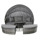 4 Piece Round Rattan Daybed, Convertible Patio Furniture Set, Adjustable Sun Canopy, Sectional Outdoor Sofa, 2 Chairs, Extending Tea Table Ottoman Chair, 3 Pillows, Gray