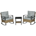 3 Piece Patio Rocking Chair Set, Outdoor Wicker Bistro Set with 2 Oversize Cushioned Porch Rockers and 2 Tier Coffee Table for Garden, Backyard, Light Gray