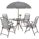 6 Piece Patio Dining Set for 4 with Umbrella, with 4 Folding Dining Chairs & Round Glass Table for Garden, Gray