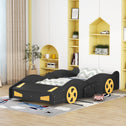 Twin Size Race Car-Shaped Platform Bed with Wheels and Storage, Solid Wood and MDF, 90.5" L x 40" W x 15.5" H, Black