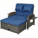 Patio Rattan Daybed, Wicker Outdoor Daybed with Storage Ottoman, Loveseat w/ Adjustable Backrest, Navy Blue
