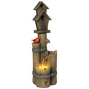 Outdoor Fountain with Birdhouse, Cascading Garden Waterfall Bird Bath with 3-Tier Rustic Tree Trunk / Log Design, LED Lights for Porch, Deck, Yard Decor, Brown