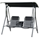 2-Seat Outdoor Porch Swing, with Pivot Storage Table, Cup Holder, & Adjustable Overhead Canopy, Stand's Skid-Resistant Feet Pad, Breathable Mesh Seat, Steel Frame, for Patio, Black