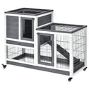 Wooden Rabbit Hutch Elevated Bunny Cage Indoor Small Animal Habitat with Enclosed Run with Wheels, Ramp, Removable Tray for Rabbits, Chickens, Ducks, Guinea Pigs, Gray