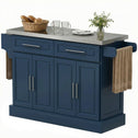 Rolling Kitchen Island with Stainless Steel Top, 2 Drawers, Spice, Knife and Towel Rack and Cabinets, Navy Blue