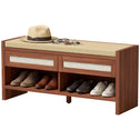 Shoe Bench with Cushioned Seat Shoe Storage Bench with 2 Rattan Drawers and Open Shelf Brown