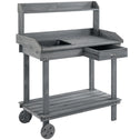 36'' Wooden Potting Bench Work Table with 2 Removable Wheels, Sink, Drawer & Large Storage Spaces, Gray