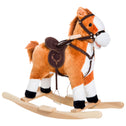Kids Plush Toy Rocking Horse, Wooden Ride-on Chair, Plush Animal Rocker with Realistic Sounds and Moving Tail for Toddlers, Brown