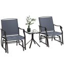 3 Piece Outdoor Glider Chair with Coffee Table Bistro Set, 2 Patio Rocking Swing Chairs with Breathable Sling Fabric, Glass Tabletop, for Backyard, Garden and Porch, Gray
