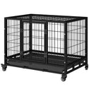 36" Heavy Duty Dog Crate with Removable Tray, Lockable Wheels and Double Door, for Medium and Large Dogs, Black