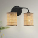 Double Light Vanity Wall Lamp with Natural Rattan Shade, Metal Construction, Ideal for Bathroom Decor, 7" L x 10" W x 12.5" H, Black