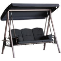 3-Seat Patio Swing Chair, Outdoor Porch Swing Glider with Adjustable Canopy, Removable Cushion, Pillows and Side Trays, for Garden, Poolside, Backyard, Black