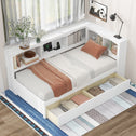 Twin Size Daybed with 2 Storage Drawers, Storage Cabinets, USB Ports, Solid Wood and MDF, 86" L x 51" W x 37.5" H, White