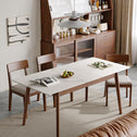 Extendable Dining Table with Stone Slab Tabletop, Sturdy Kitchen Table with Rounded Corners, 59″ L x 31.5″ W x 29.5″ H, White+Walnut