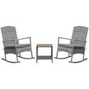 3 Piece Outdoor PE Rattan Rocking Chair Set, Patio Wicker Recliner Rocker Chair with Soft Cushion & Nature Wood Top Coffee Table, Gray