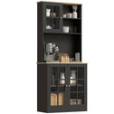 72" Kitchen Pantry Storage Cabinet with Hutch, Large Countertop, Glass Doors and Adjustable Shelves, Black