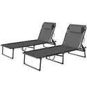 2 Folding Chaise Lounge Pool Chairs with 4-Position Reclining Back, Pillow, Breathable Mesh & Bungee Seat, Gray