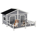Dog House Outdoor, Wooden Dog Kennel Weatherproof with Porch, Openable Roof, Removable Bottom, Elevated Floor, Double Room for 2 Small to Medium Breeds, Gray