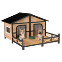 Dog House Outdoor, Wooden Dog Kennel Weatherproof with Porch, Openable Roof, Removable Bottom, Elevated Floor, Double Room for 2 Small to Medium Breeds, Natural