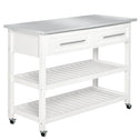 Kitchen Island with Stainless Steel Top, Traditional Kitchen Island with Storage, Butcher Block Cart 2-Tier Open Shelves, Drawers, White