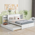 Queen Size Storage Platform Bed with Pull Out Shelves and Twin XL Trundle, Solid Wood and MDF, 111.5" L x 93.5" W x 39.5" H, White