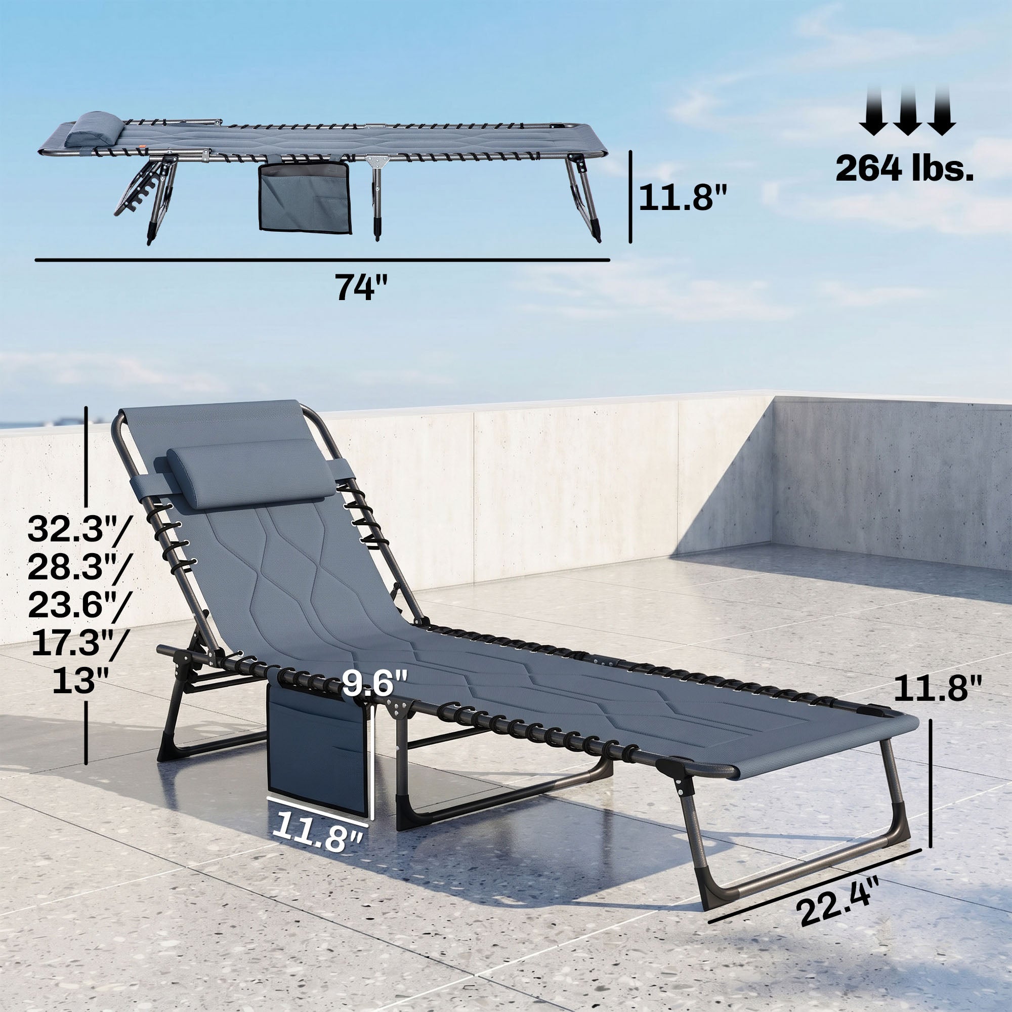 Padded Folding Chaise Lounge Chair, Outdoor 6-Level Reclining Camping Tanning Chair with Headrest for Beach, Yard, Patio, Pool, Gray