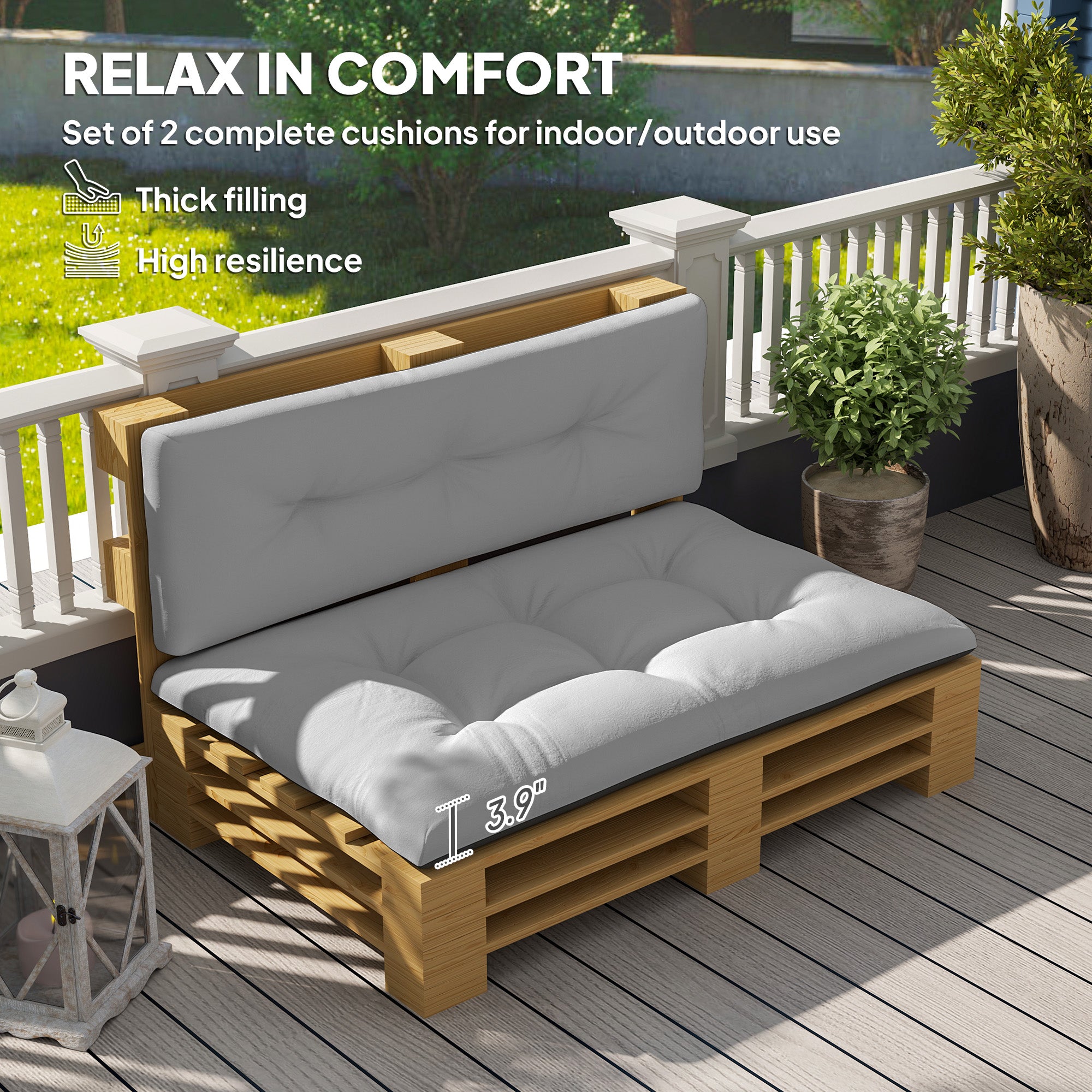 2 Seater Pallet Cushions Outdoor 3.9" Thick Replacement Cushions - Tufted Design for Garden, Patio, Light Gray