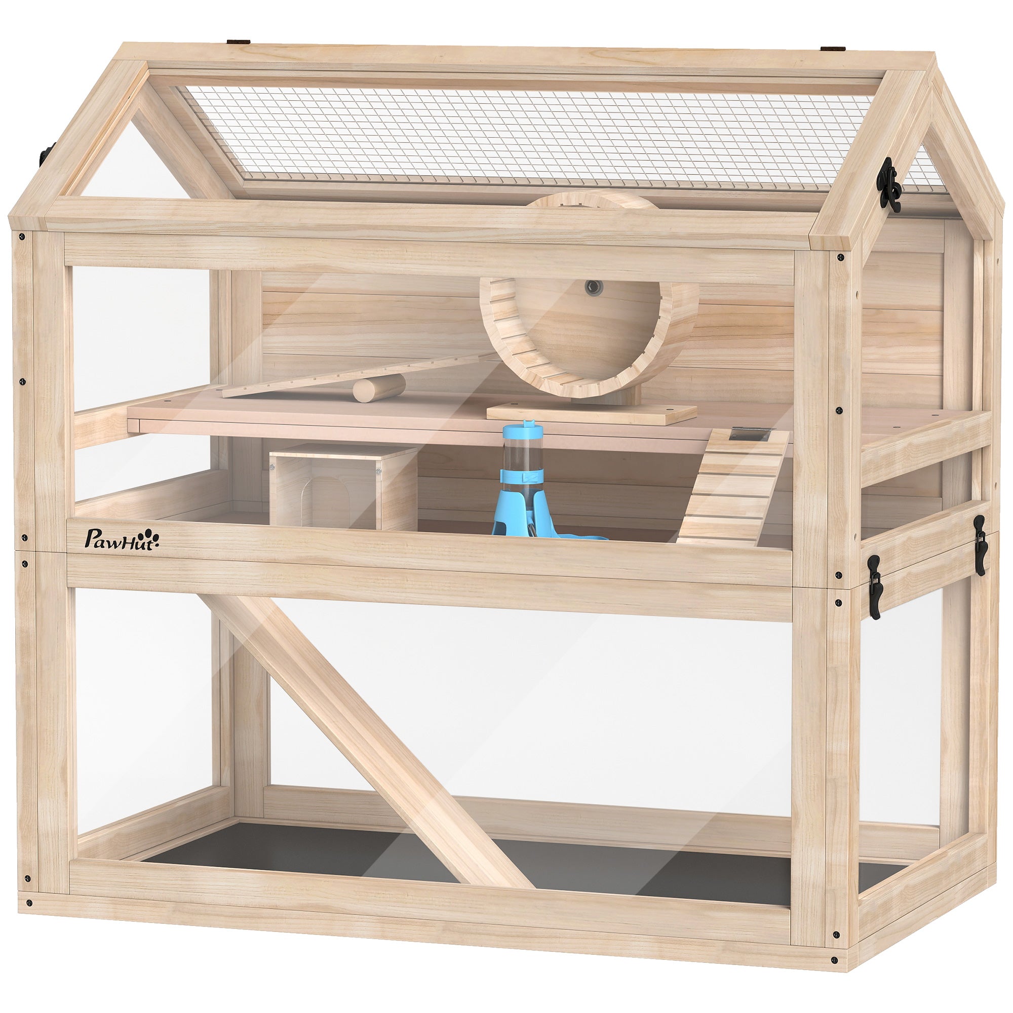 Wooden Hamster Cage, 3-Tier Small Animal Cage with Hut, Seesaw, Ramps, Exercise Wheel, Acrylic Panel and Bottom Tray