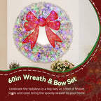 60in Flocked Pre-Lit Christmas Wreath with 3D Red Bow, 11 Lighting Modes, Front Door Christmas Wreath with Remote