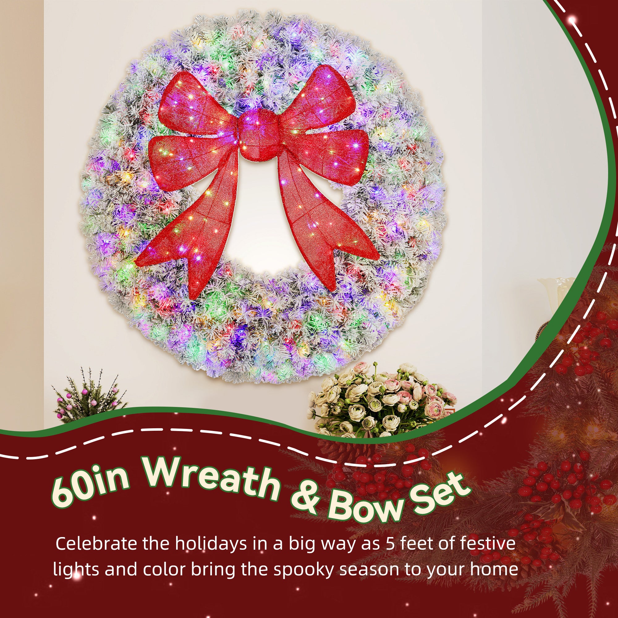 60in Flocked Pre-Lit Christmas Wreath with 3D Red Bow, 11 Lighting Modes, Front Door Christmas Wreath with Remote