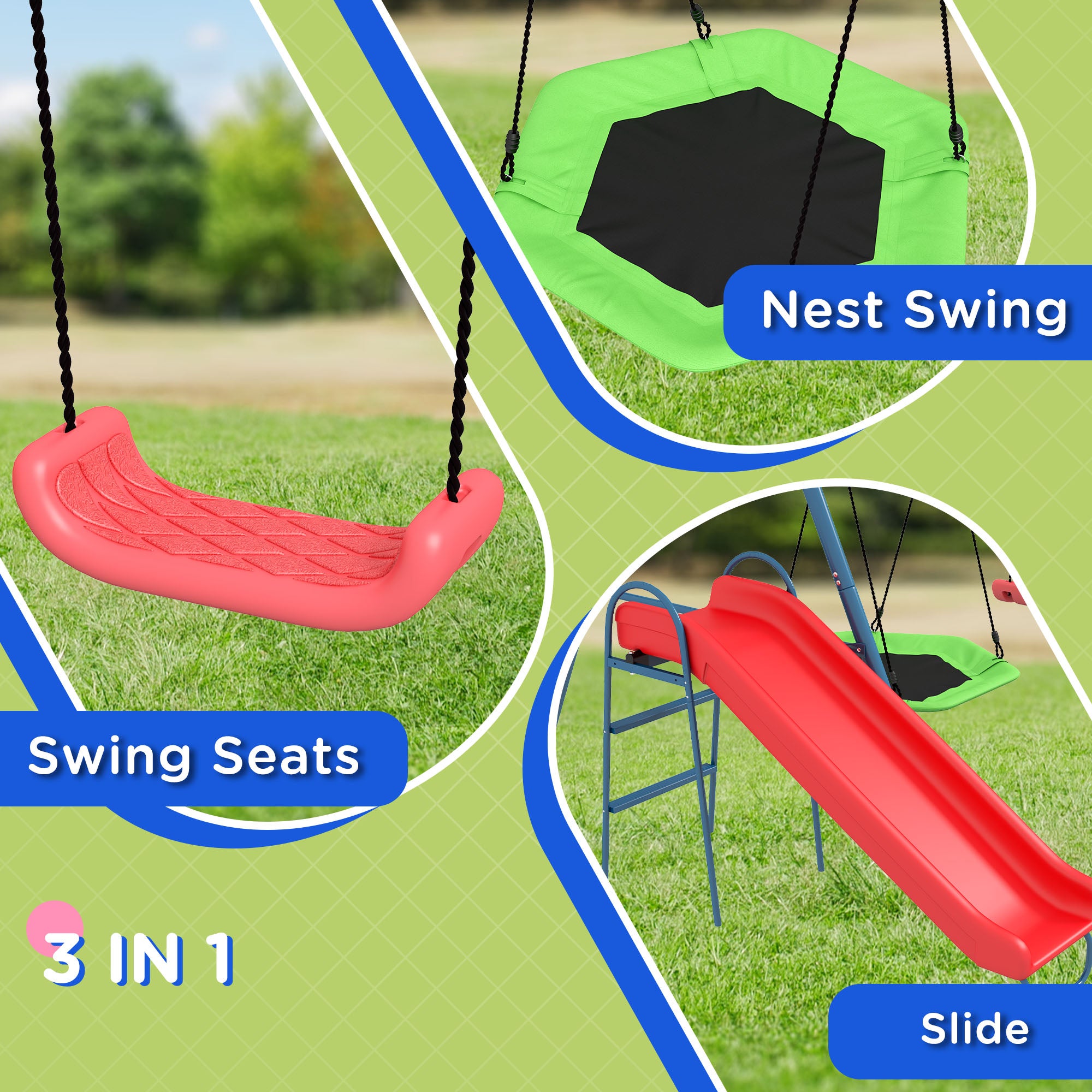 Metal Swing Set for Backyard, 3 in 1 Design with 1 Nest Swing, 2 Seats, 1 Slide, Holds Up to 352 lbs. for Ages 3-8