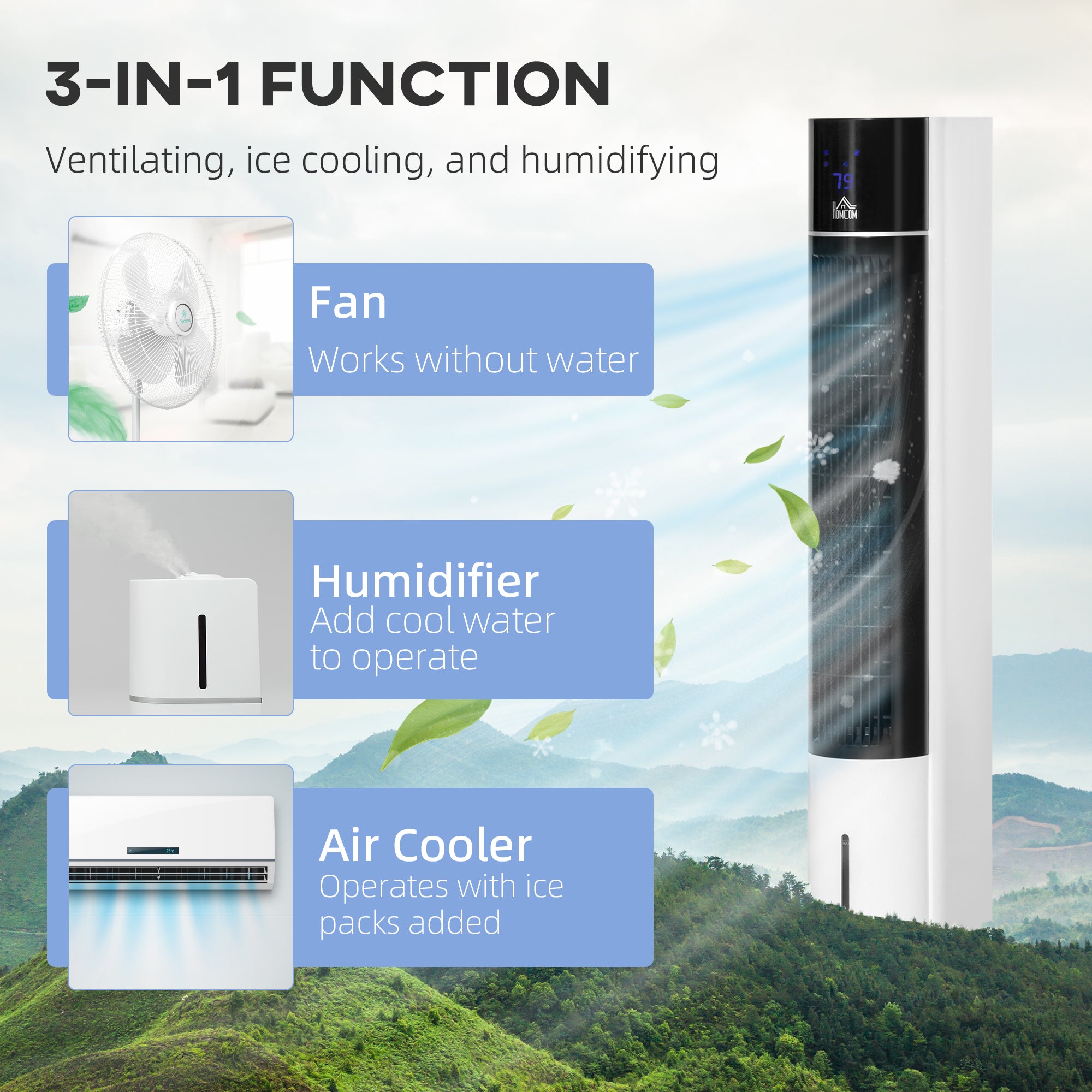 42" 3-In-1 Air Cooler, 52° Oscillating Portable Swamp Cooler with Humidifier, 3 Modes, 3 Speeds, 12H Time, White