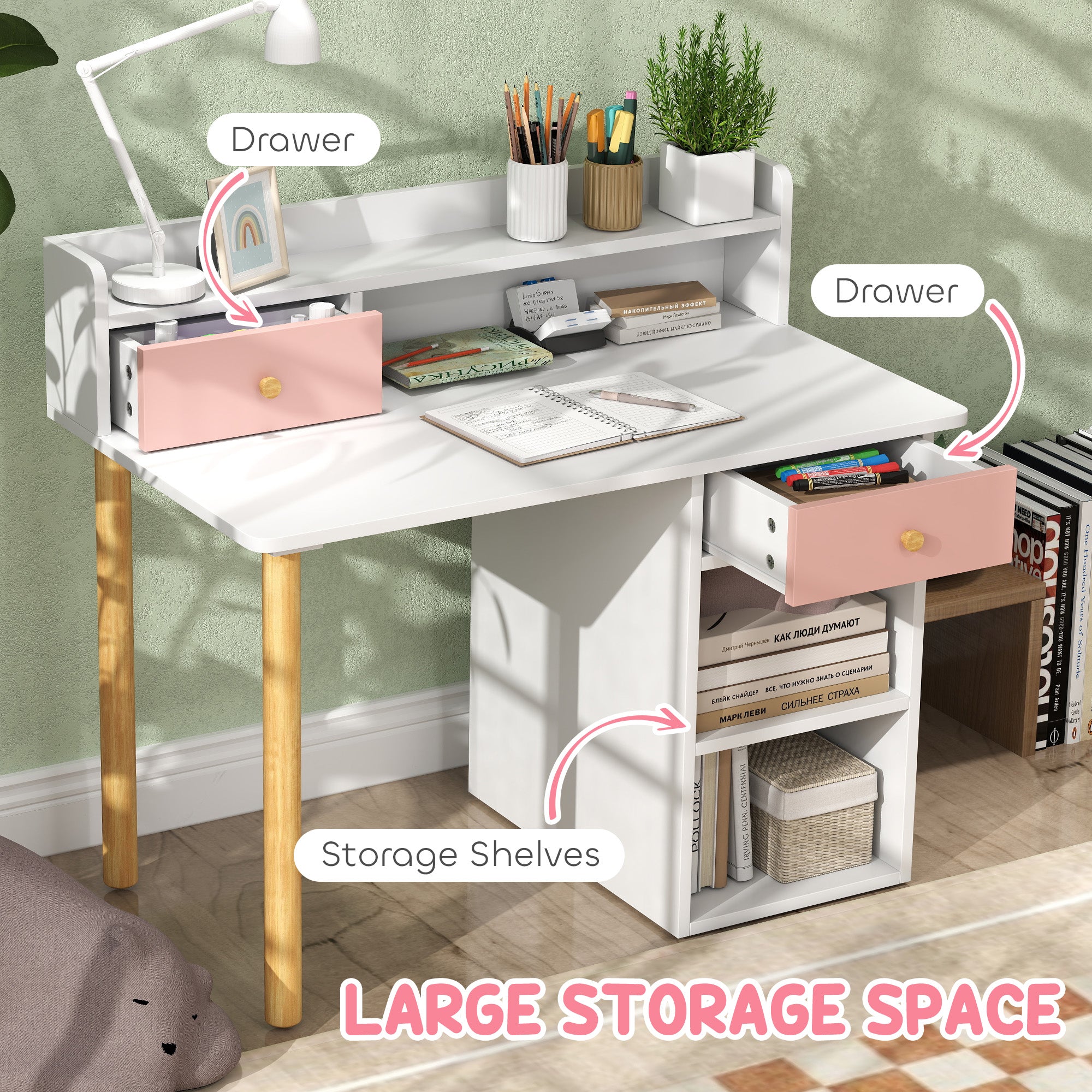 Kids Study Desk with Storage, Kids Desk and Chair Set for Bedroom & Study Room, Girls Boys Aged 3-8 Years, Pink