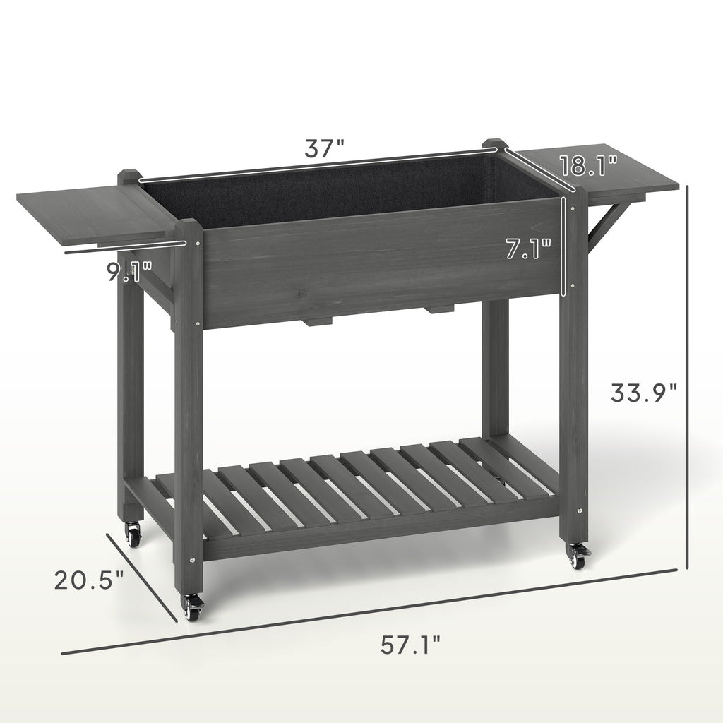Wood Raised Planter Box, Elevated Garden Bed with Lockable Wheels, Side Tables, Bottom Shelf, Drain Holes, Gray