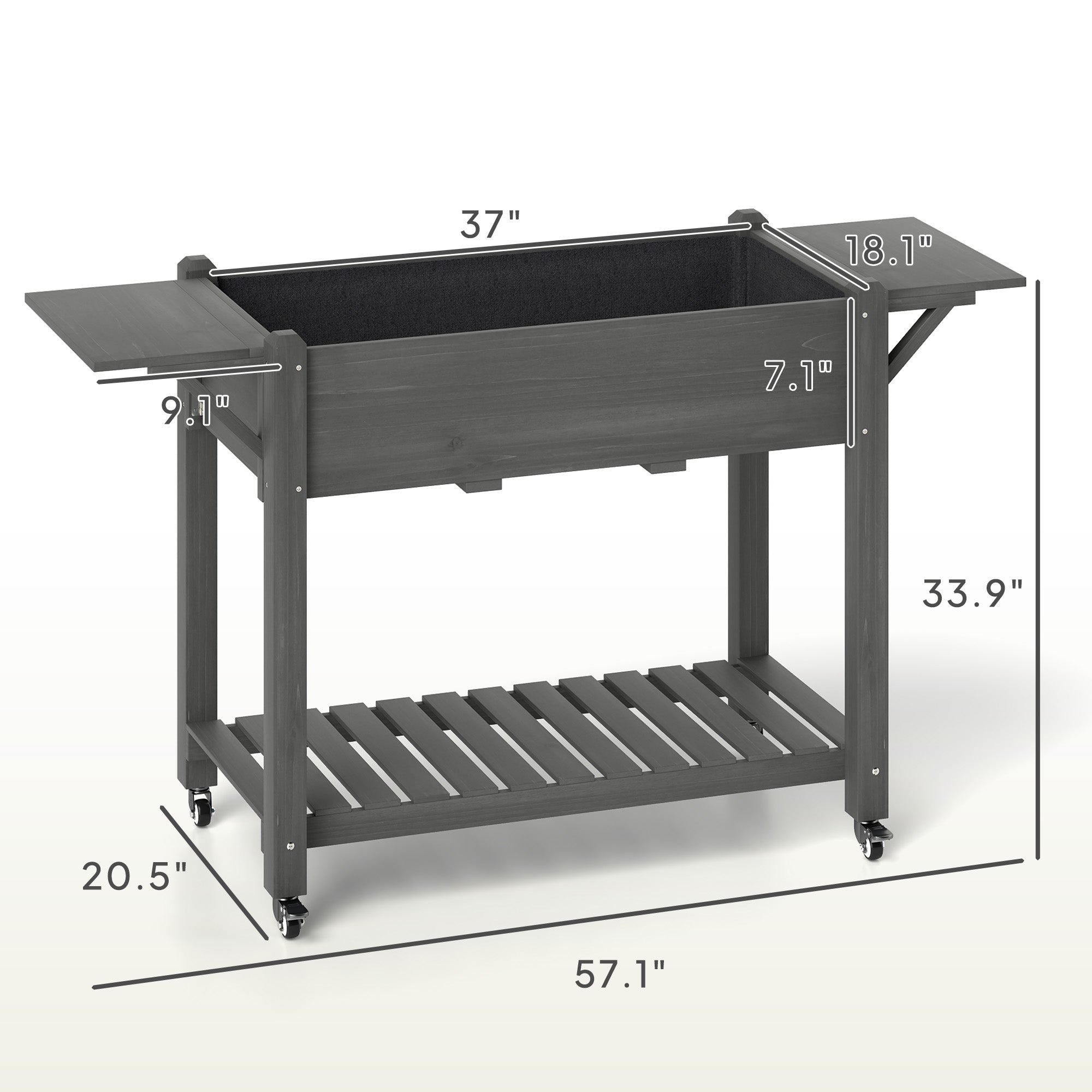 Wood Raised Planter Box, Elevated Garden Bed with Lockable Wheels, Side Tables, Bottom Shelf, Drain Holes, Gray