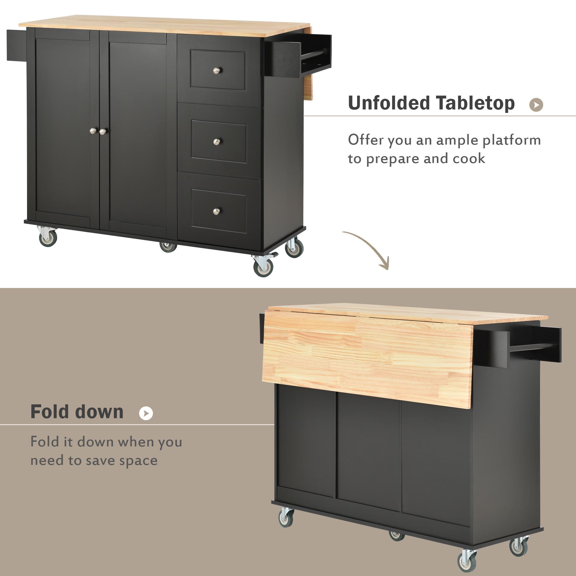 Mobile Kitchen Island with Drop Leaf Breakfast Bar, Wood Top, Racks and Drawers, Central Island with Locking Wheels, 53" L x 29.5" W x 37" H, Black