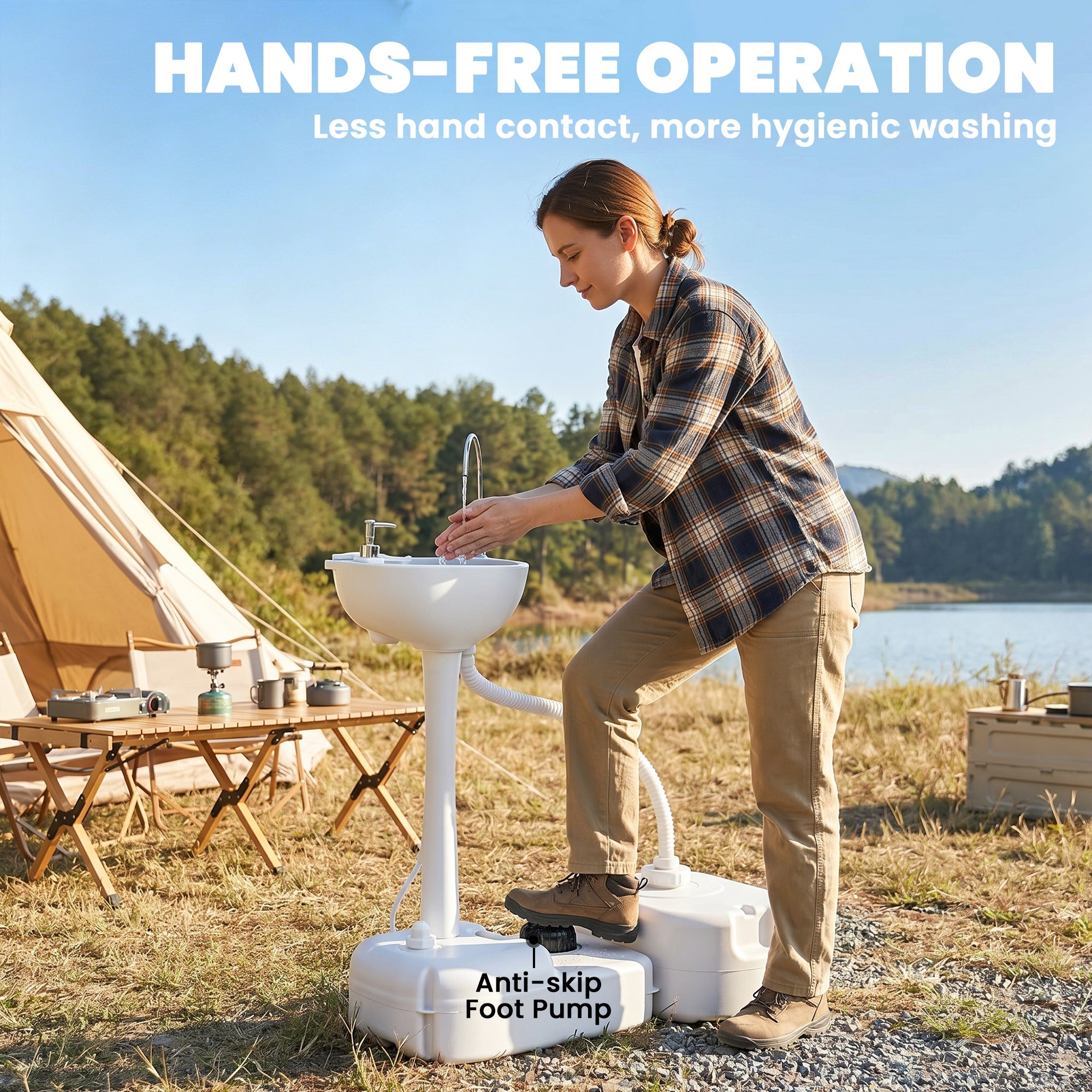 Portable Camping Sink, HDPE Handwashing Station Basin with 4.5 Gal Tank, 6.3 Gal Recovery Tank, Wheels & Soap Dispenser