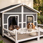 Dog House Outdoor, Wooden Dog Kennel Weatherproof with Porch, Openable Roof, Removable Bottom, Elevated Floor, Double Room for 2 Small to Medium Breeds, Gray